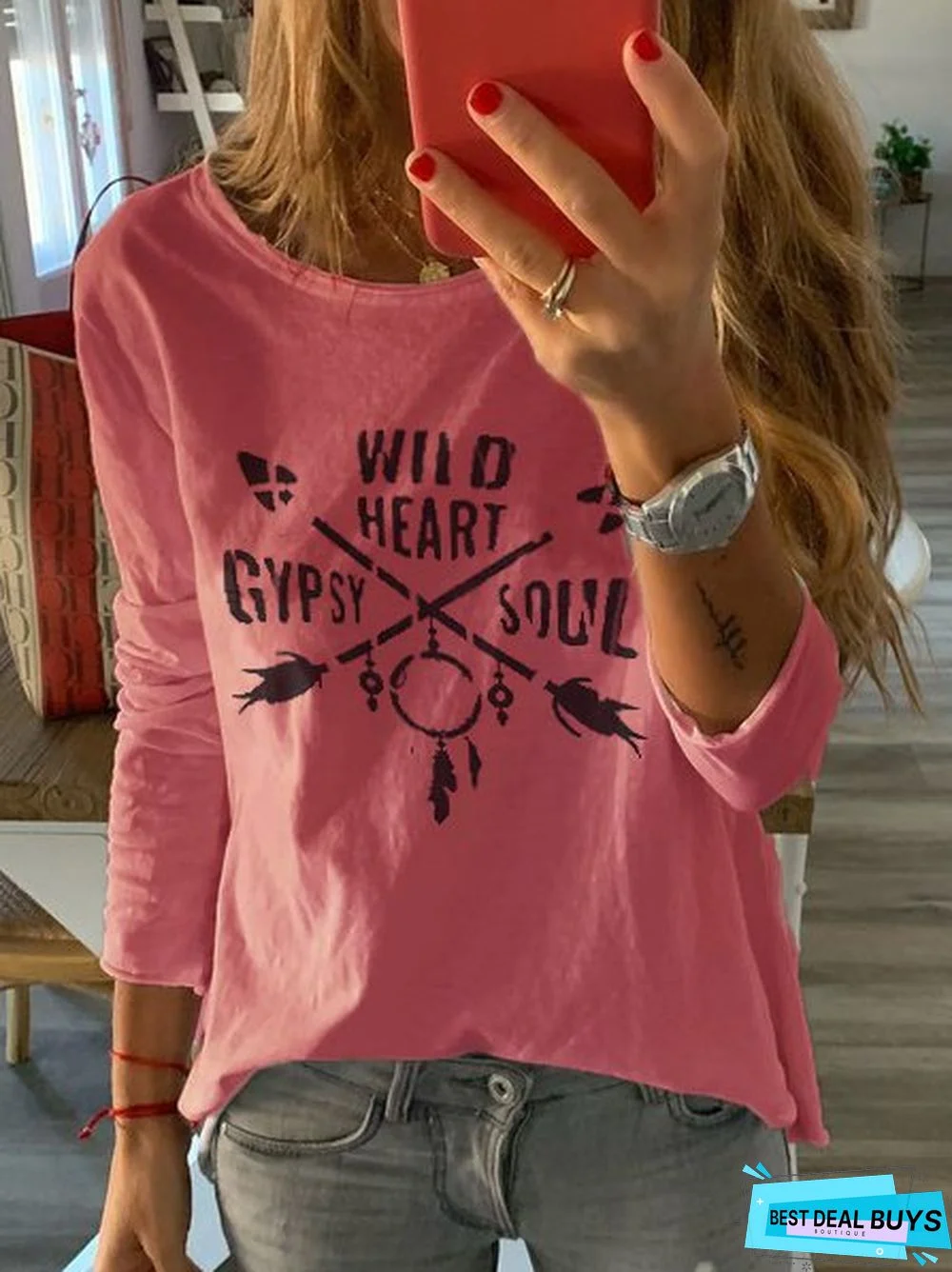 Crew Neck Cotton-Blend Geometric Long Sleeve T-shirt