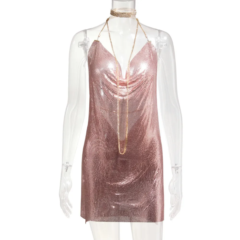 Uveng Uveng Station Fashion Nightclub Low Back Strapless Deep V Metal Dress