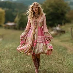 Women's Retro Rose Striped Casual Linen Short Dress - Image 2