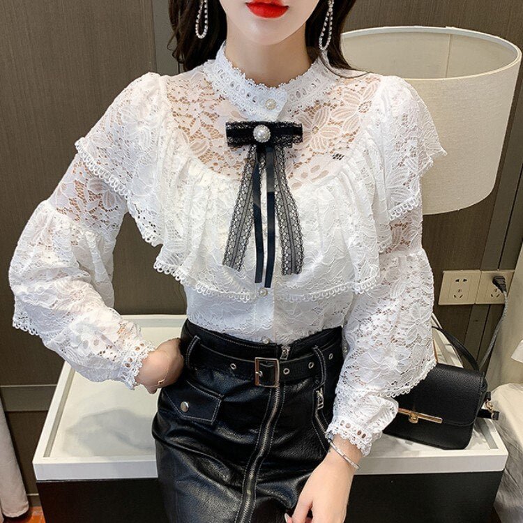 2022 New Spring Sweet Ruffles Lace Blouse Women's Stand Collar Long Sleeve Elegant Bow Vintage Fashion Office OL Casual Shirt