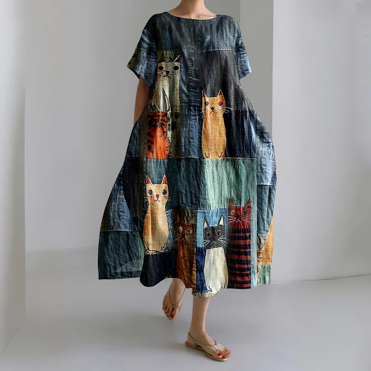 Casual Pop Cat Patchwork Cotton Linen Short Sleeve Dress