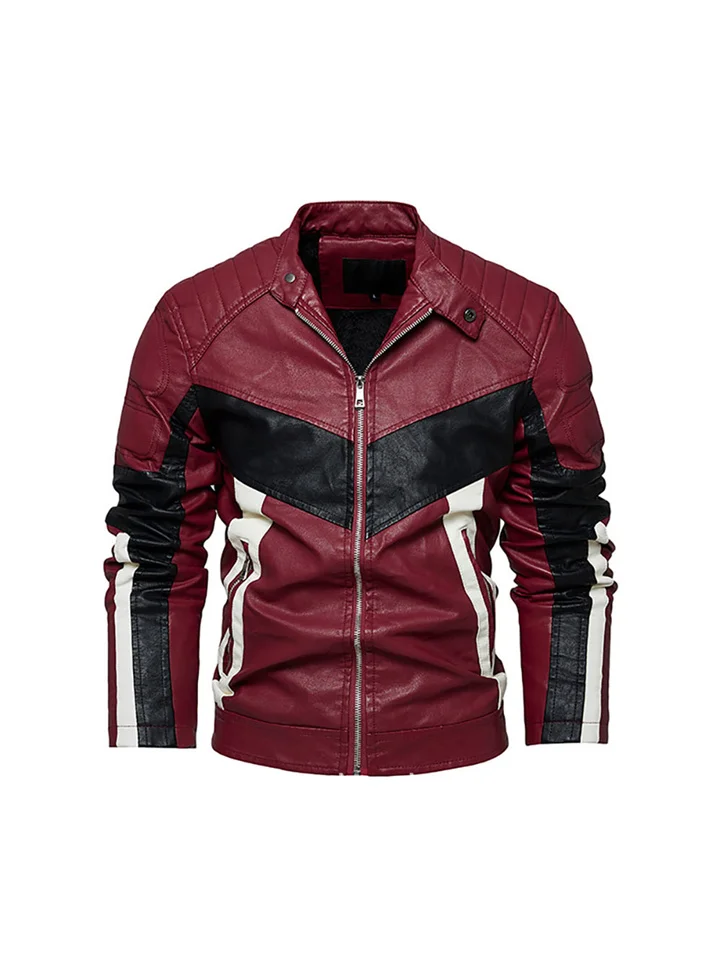 Casual Padded Leather Jacket Men's Jacket Trend Three Patchwork Color Biker Clothing Fashion Lapel Leather Jacket Men-Cosfine