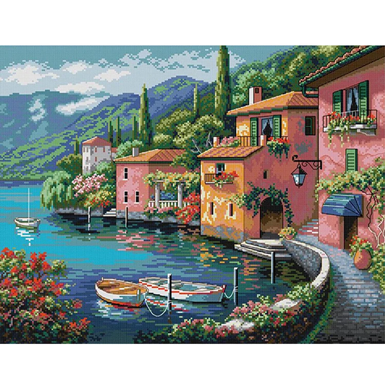 Joy Sunday Colorful House By The Water 14CT Stamped Cross Stitch 52*44CM