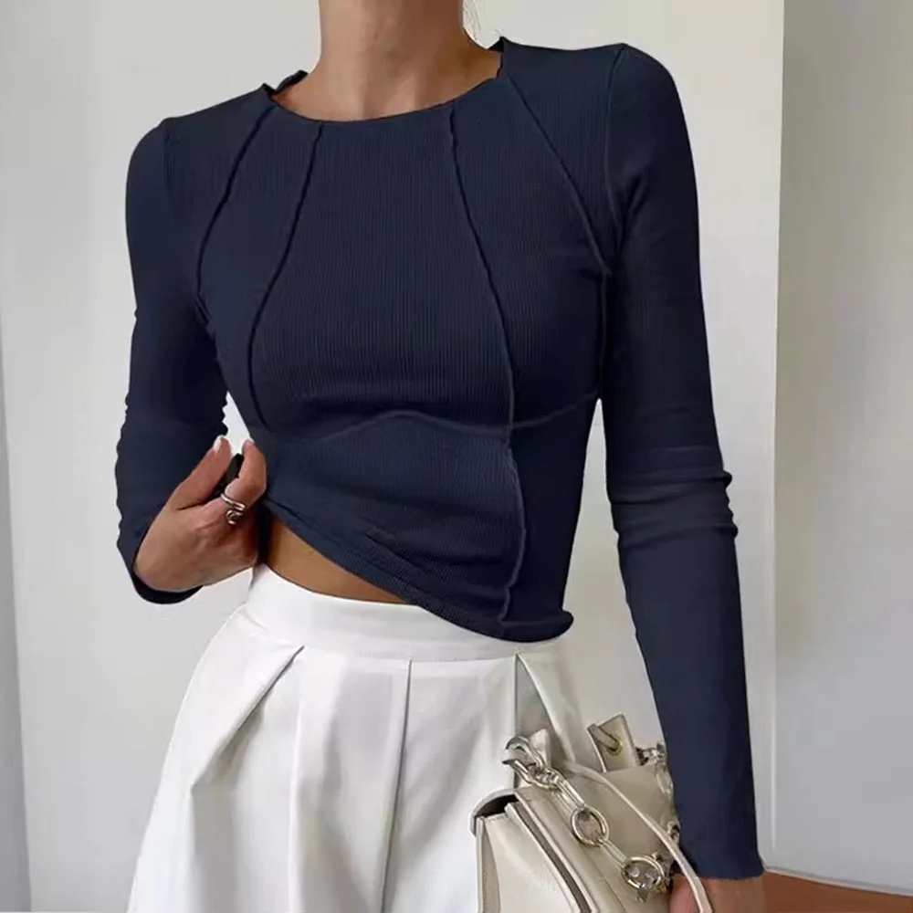 Nigikala Nigikala Shein New Spring Autumn New Sweet Spicy Solid Color Line Long-Sleeved Collar T-Shirt Girl