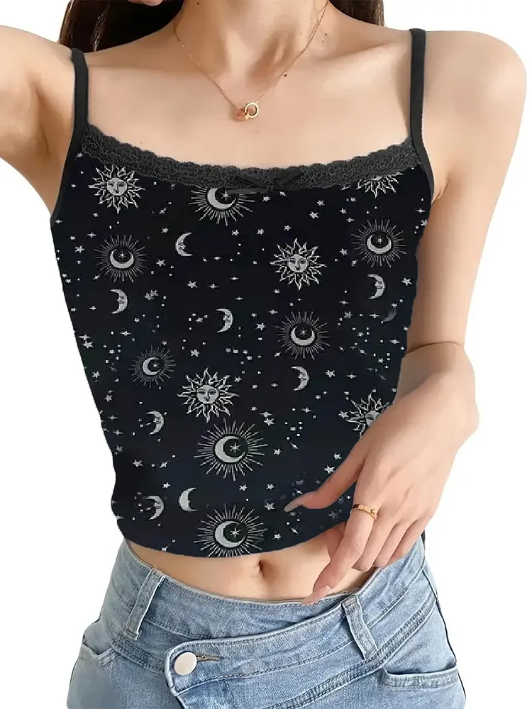 Starry Print Y2K Halter Top For Women Moon Young Girl Orientation