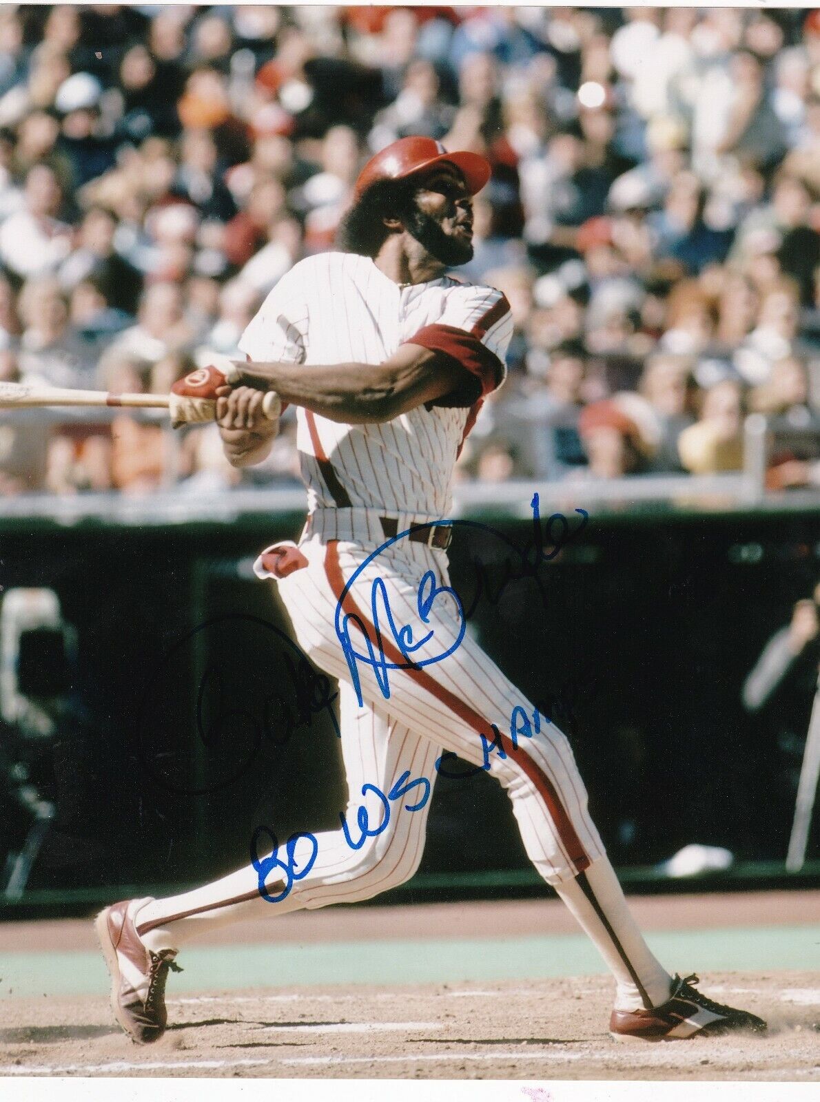 BAKE MCBRIDE PHILADELPHIA PHILLIES 1980 WS CHAMPS ACTION SIGNED 8x10