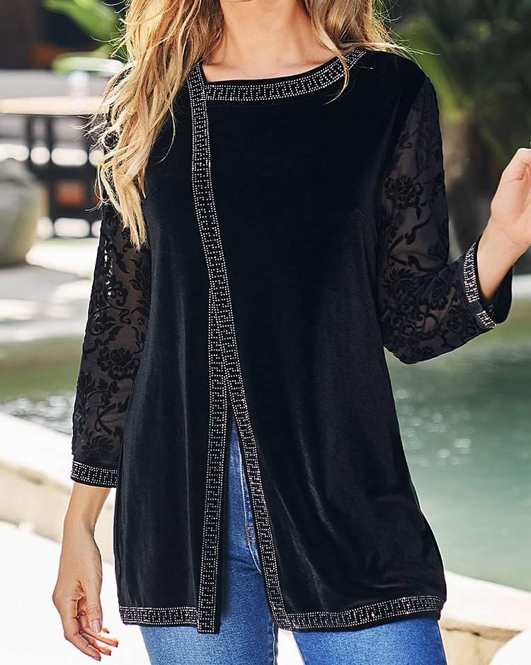 Black Sexy Velvet Lace Panel Polyester Long Sleeve Top