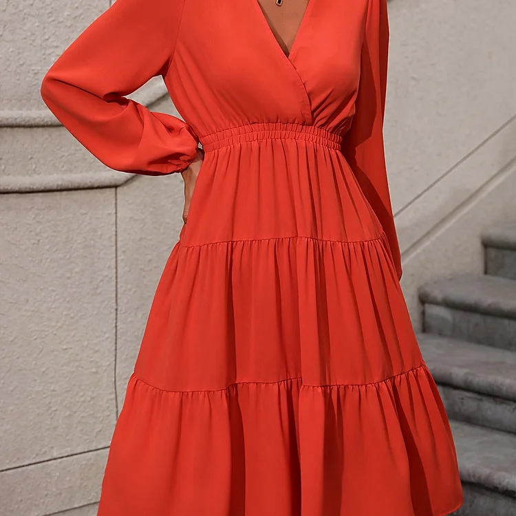 Solid Color Lantern Sleeve Dress, Casual Surplice Neck Cinched Waist Dress, Women's Clothing