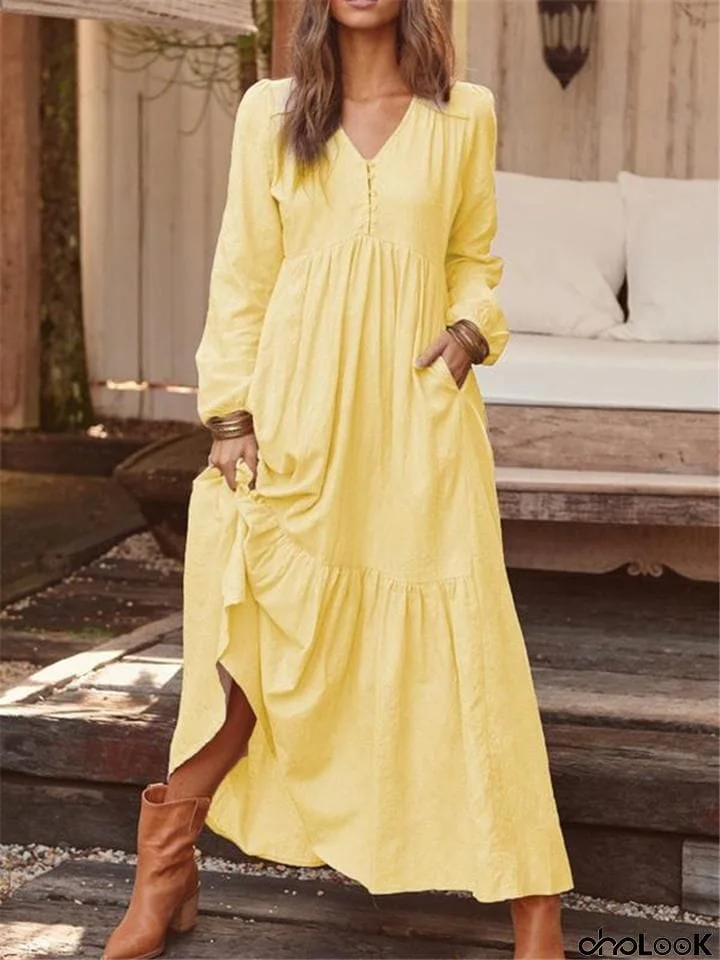 Retro Cotton Linen Long Sleeve Empire Waist Maxi Dress