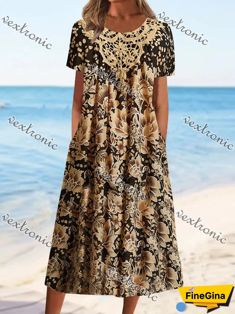 Women's Gold Scoop Neck Short Sleeve Printed Midi Dress
