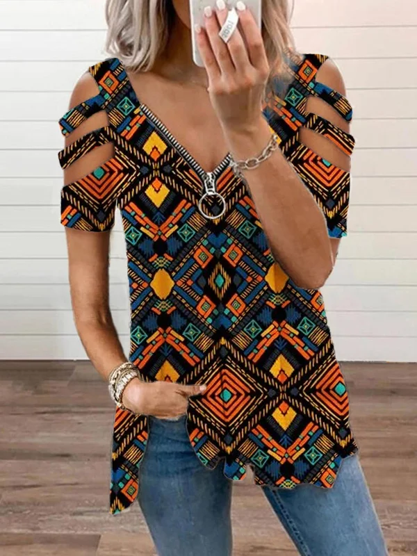 Western Ethnic Aztec Graphic Hollow Shoulder T Shirt