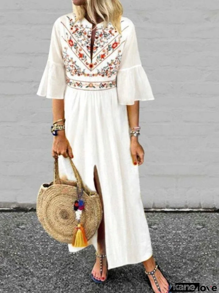 Women's Dresses Loose Vintage Print Mid Sleeve Dress