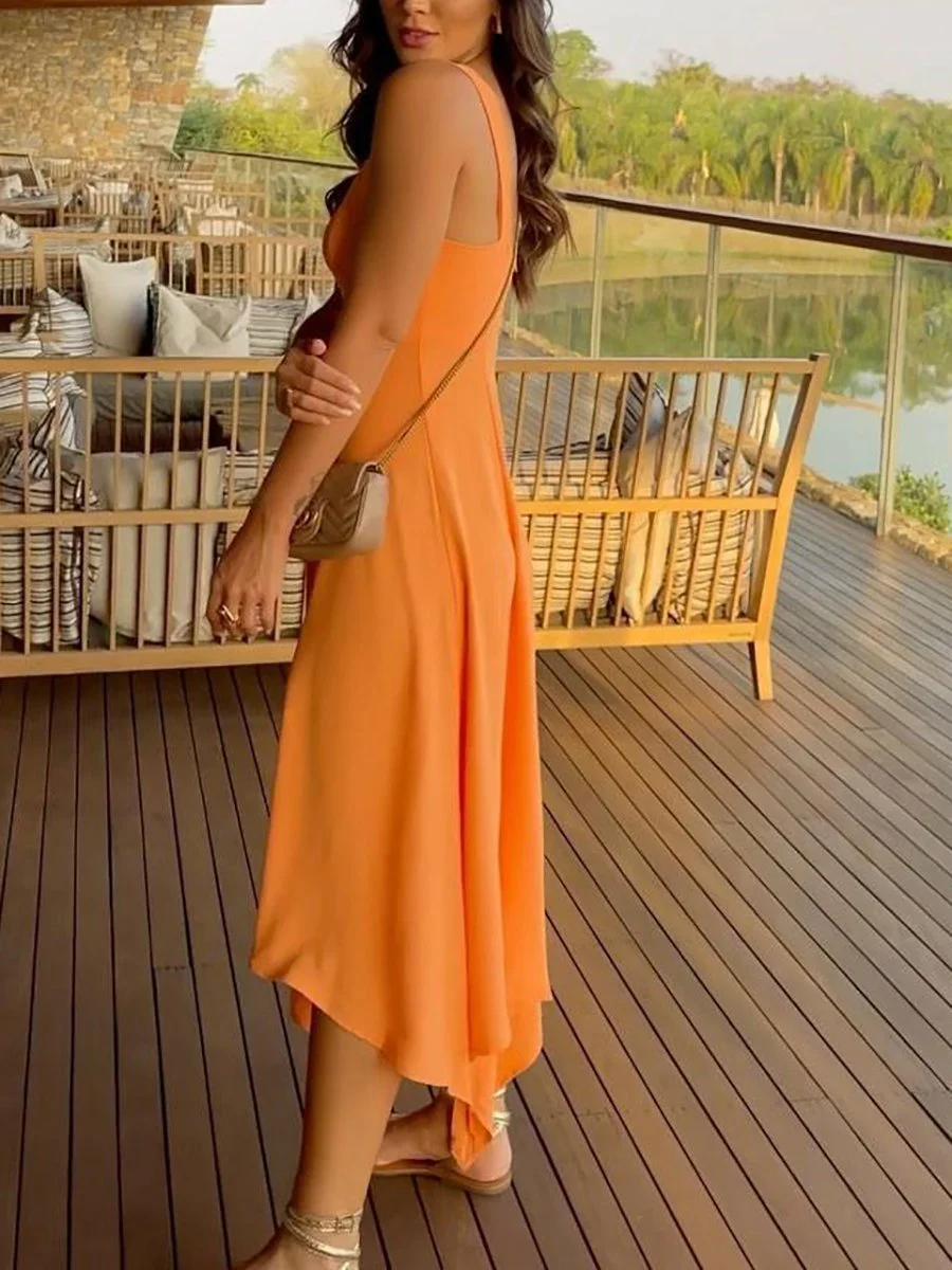 Solid color A-line dress with irregular hem