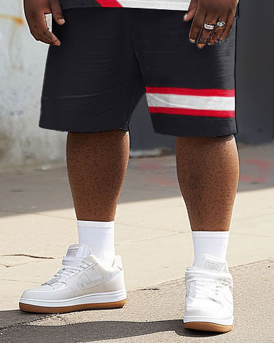 Street Casual Red Stripe Colorblock Print Big Men's Set Shorts-Black-8XL