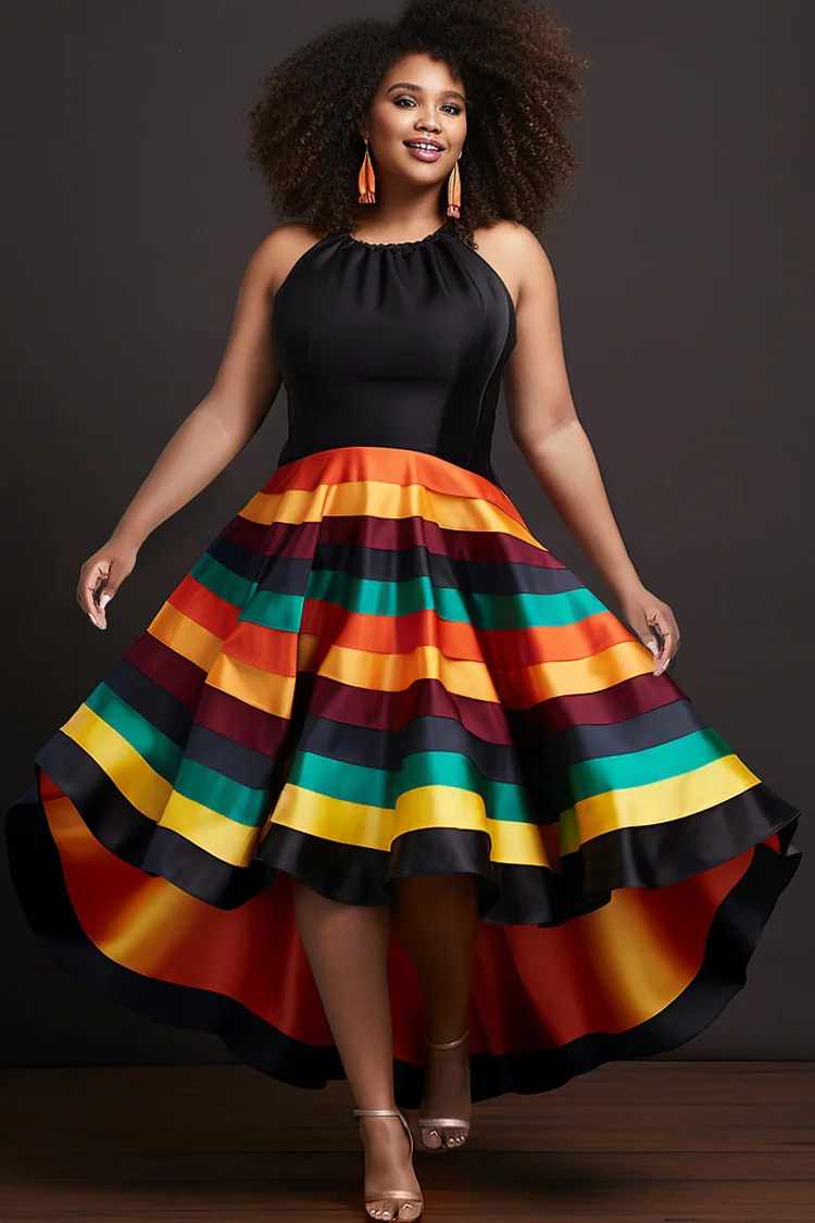 Xpluswear Design Plus Size Prom Rainbow Elegant Colorblock Round Neck High Low Hem Contrast Satin Midi Dresses [Pre-Order] 2024 - Xpluswear