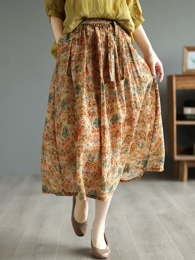 Women Vintage Floral Drawstring Pocket Loose Ramie Skirt