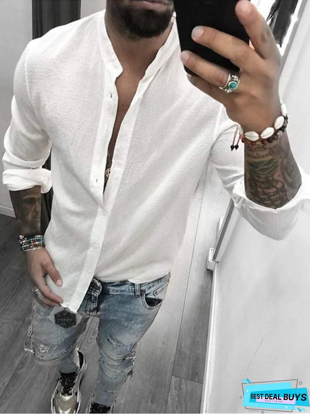 Men's Long Sleeve Shirts Button Down Mandarin Collar Casual Regular Fit Shirts Linen