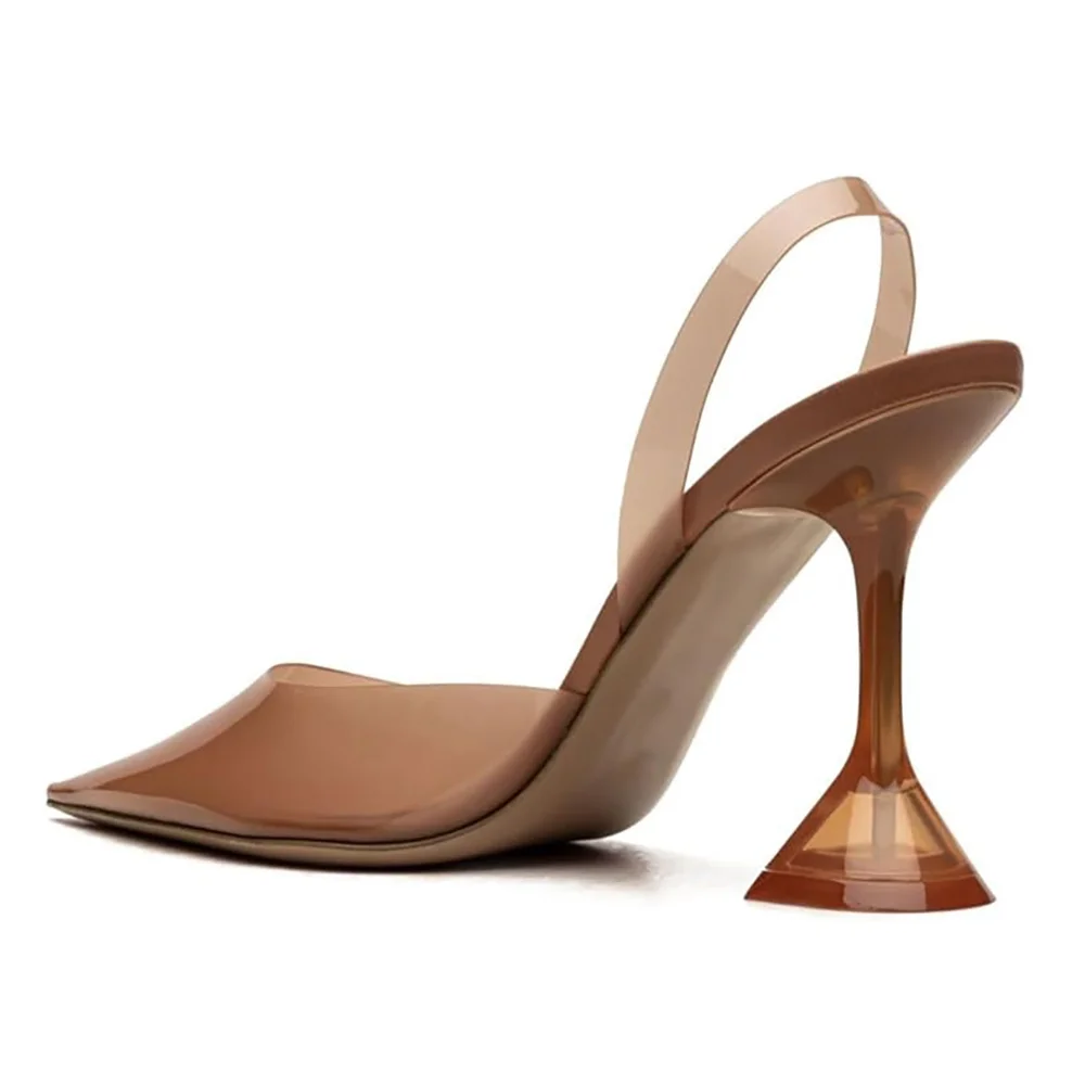 Brown Pointed Toe Transparent PVC Slingback Pumps with Flared Heels