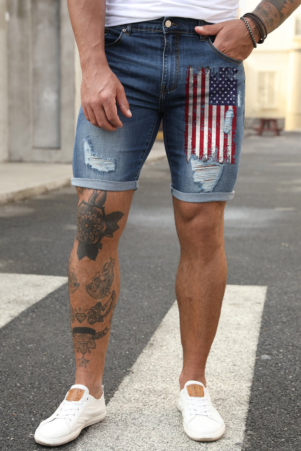 American Flag Print Distressed Skinny Fit Men's Denim Shorts