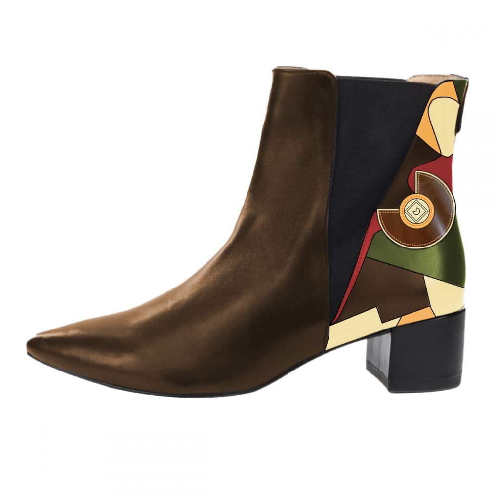 Brown Pointed Toe Abstract Print Block Heel Chelsea Boots Women Nicepairs