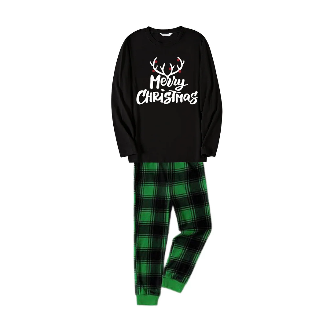 Christmas Antlers and "Merry Christmas" Print Black Long Sleeve Top with Green and Black Plaid Family Matching Pajamas