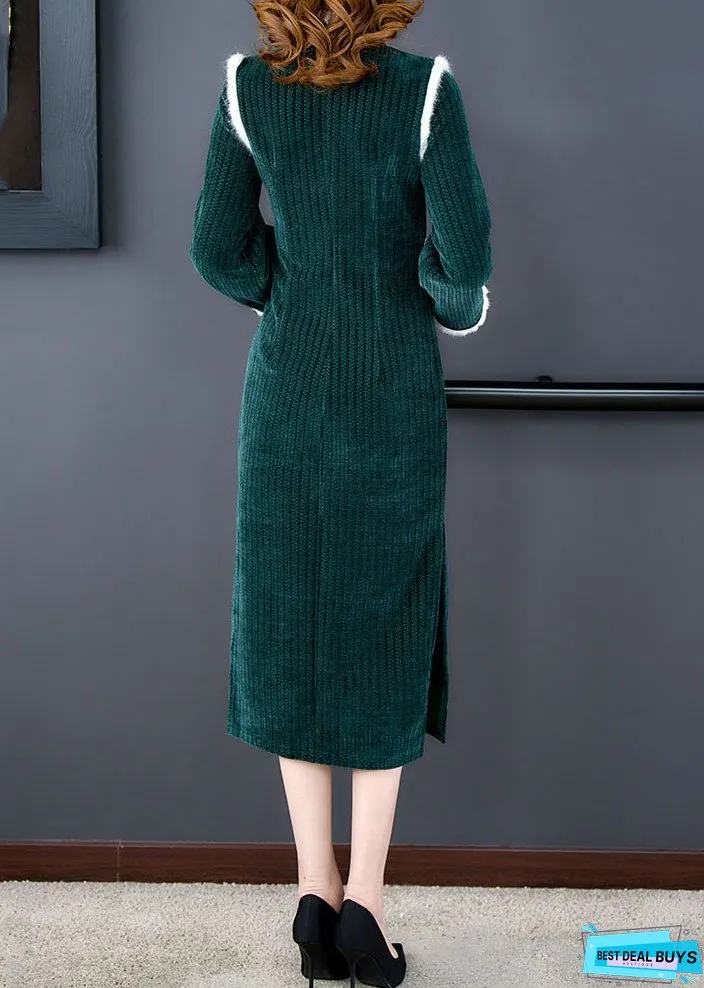 Unique Green Patchwork Side Open Thick Velour Maxi Dress Long Sleeve