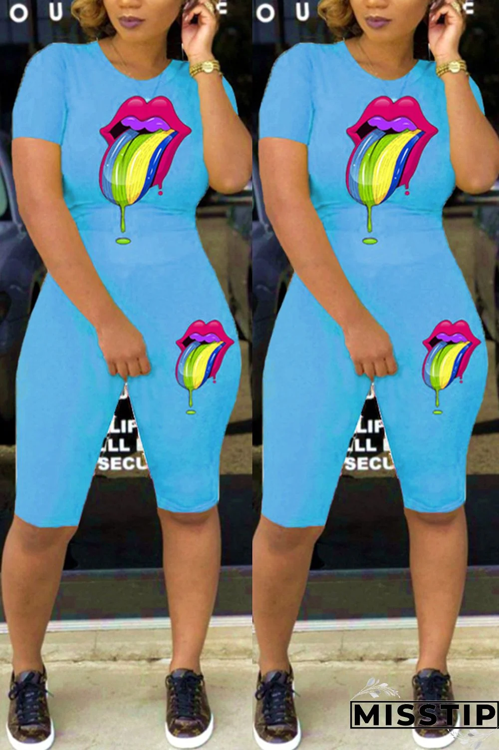 Blue Colourful Lips Casual Two-piece Set