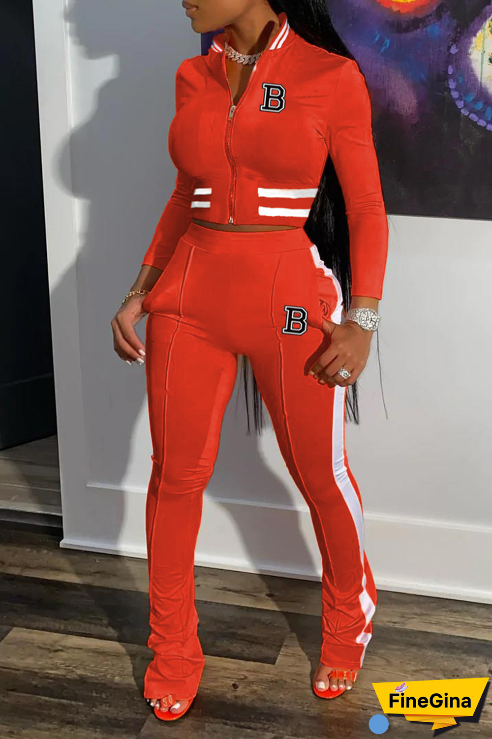 Black Street Print Patchwork Mandarin Collar Long Sleeve Two Pieces