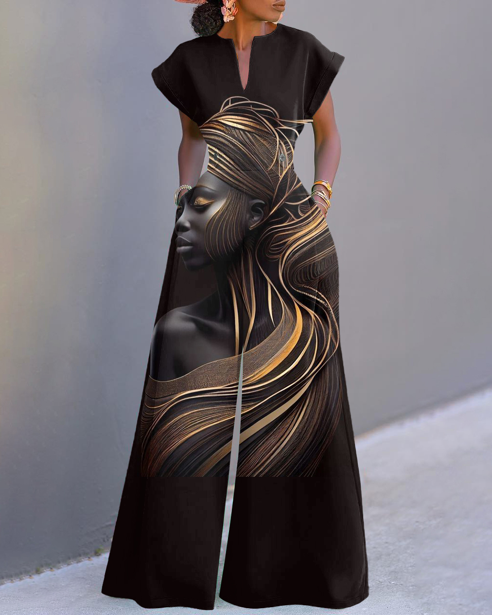 Black Woman Line Art Print Neckline Batwing Sleeve Wide Leg Jumpsuit