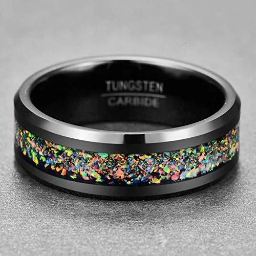 6MM 8MM Women's Or Men's Tungsten Carbide Wedding Matching Rings Black and Multiple Color Rainbow Opal Inlay with Organic Tones