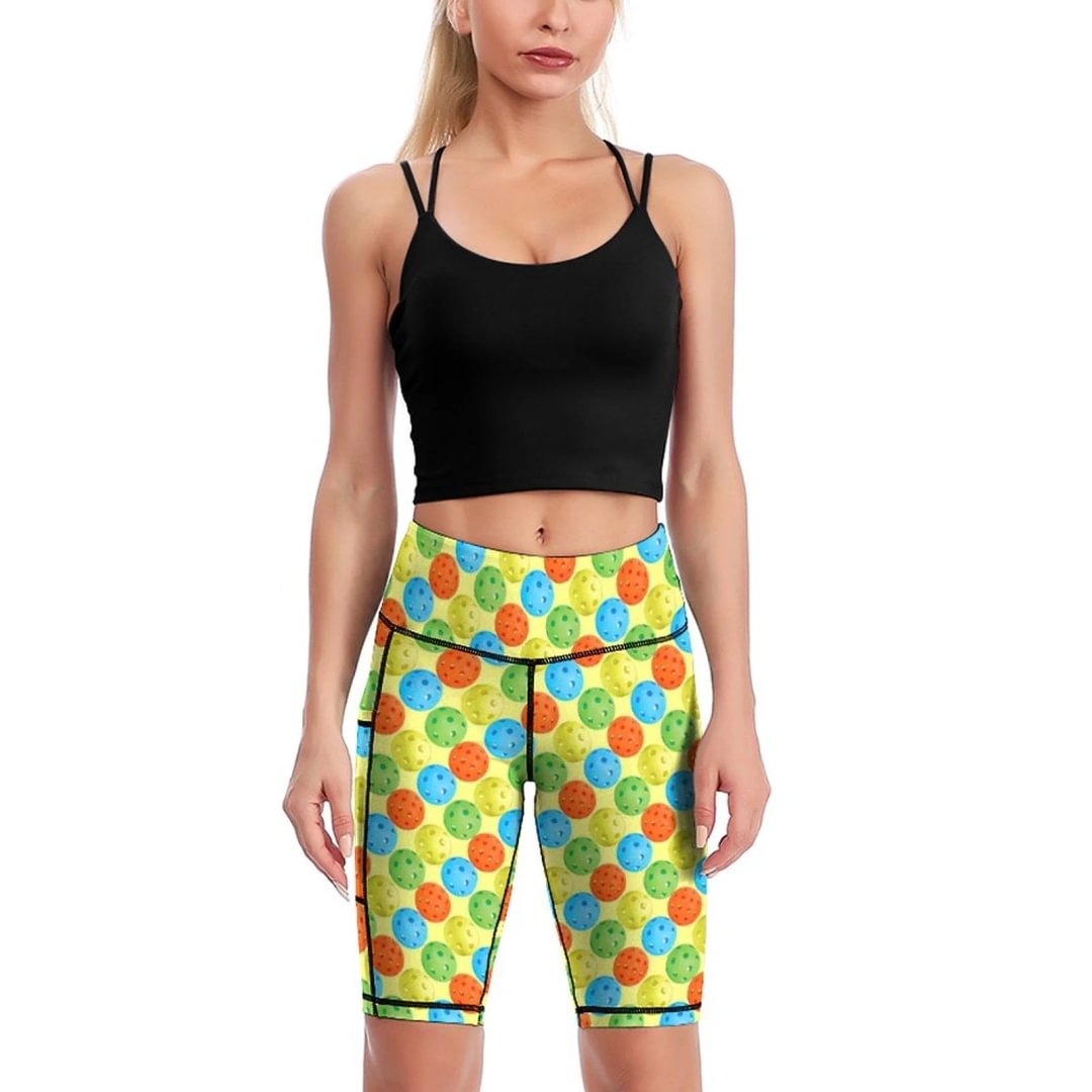 Orange Multi-color Pickleball Knee-Length Yoga Shorts Women Tummy Control Workout Running Biker Shorts With Pocket