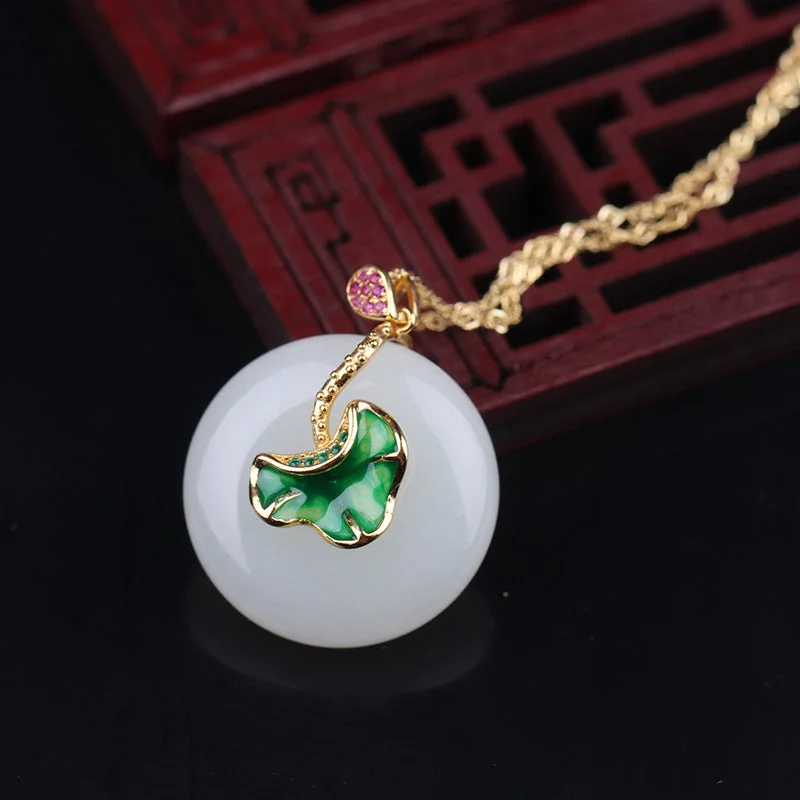 925 Sterling Silver White Jade Lotus Flower Leaf Protection Necklace Pendant