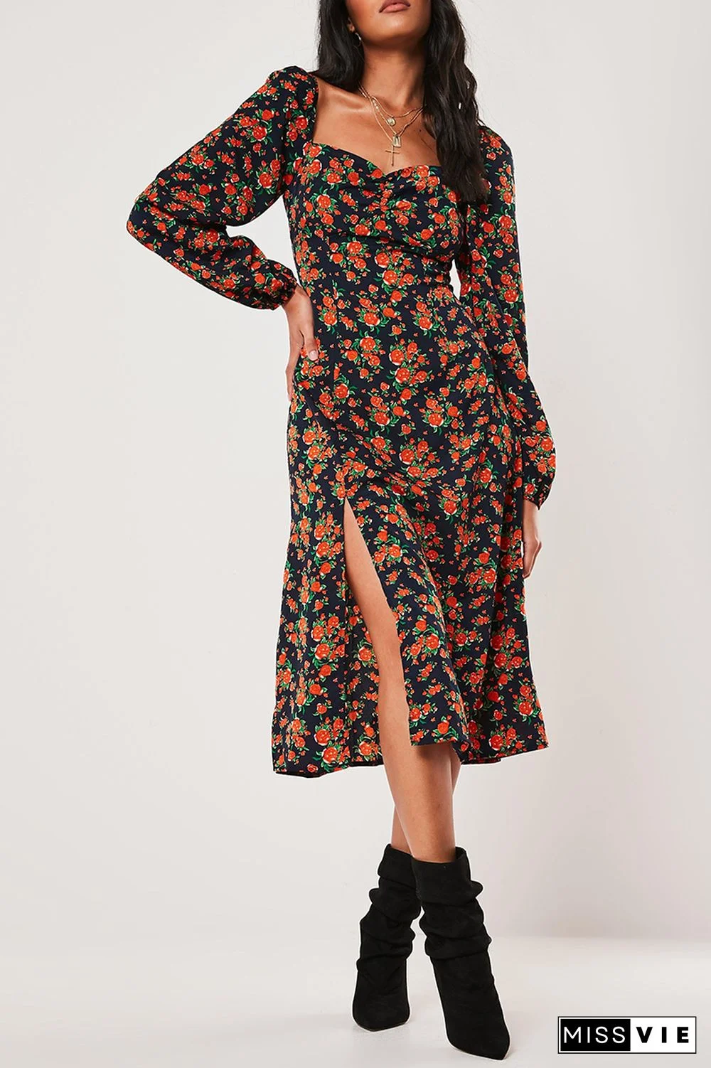 Fashion Elegant Print Slit Square Collar A Line Dresses