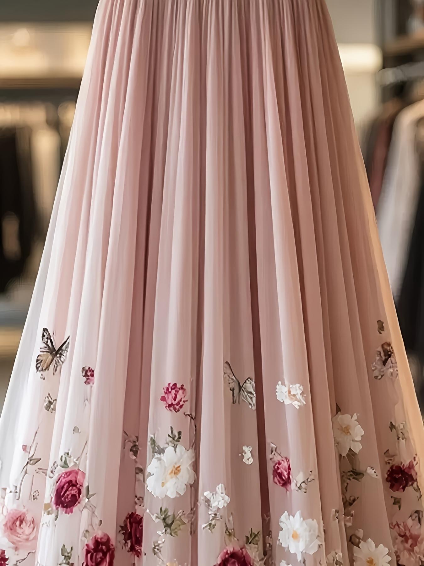 Elegant Floral Pattern Mesh Long Fitted Skirt, Women's Fashion Clothing, Perfect for Parties & Special Occasions