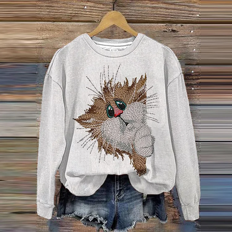 Wearshes Women's Cute Scared Cat Graphic Print Comfy Sweatshirt