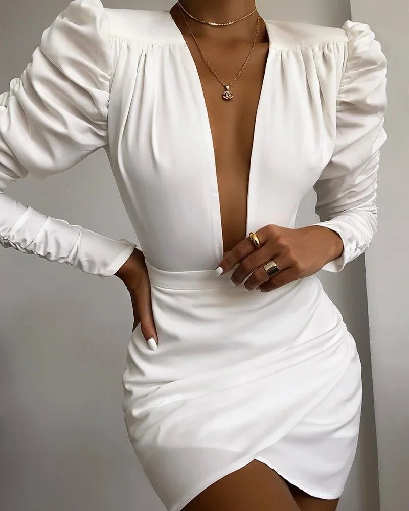 Solid Puff Sleeve Ruched Bodycon Dress White Dresses | EGEMISS