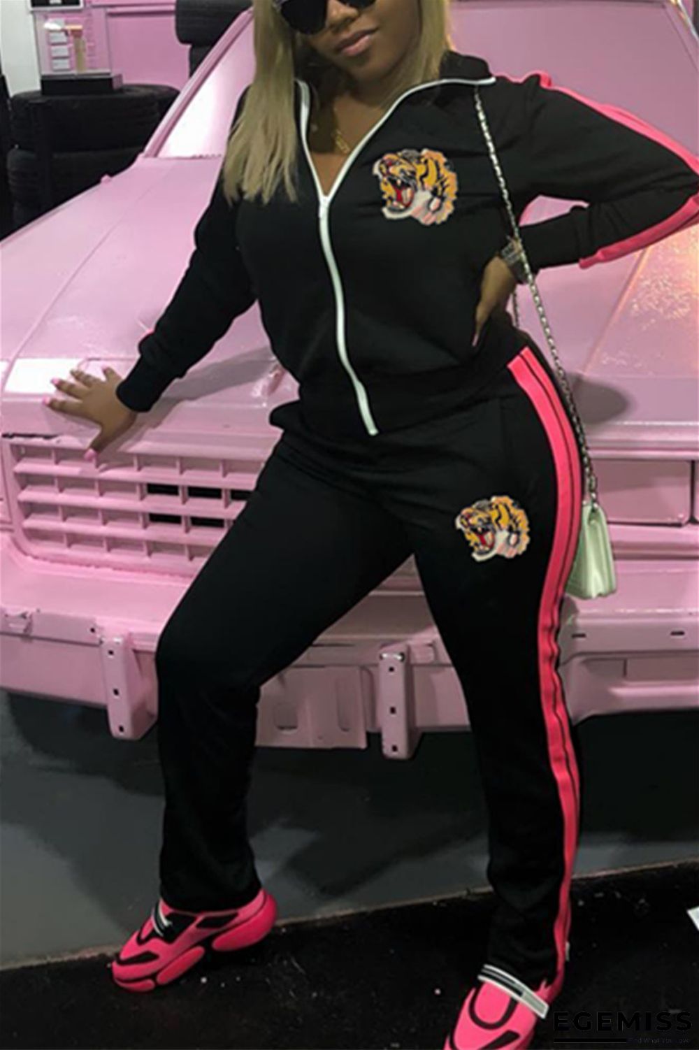 Black Casual Two Piece Suits Animal Prints Embroidery Straight Long Sleeve | EGEMISS