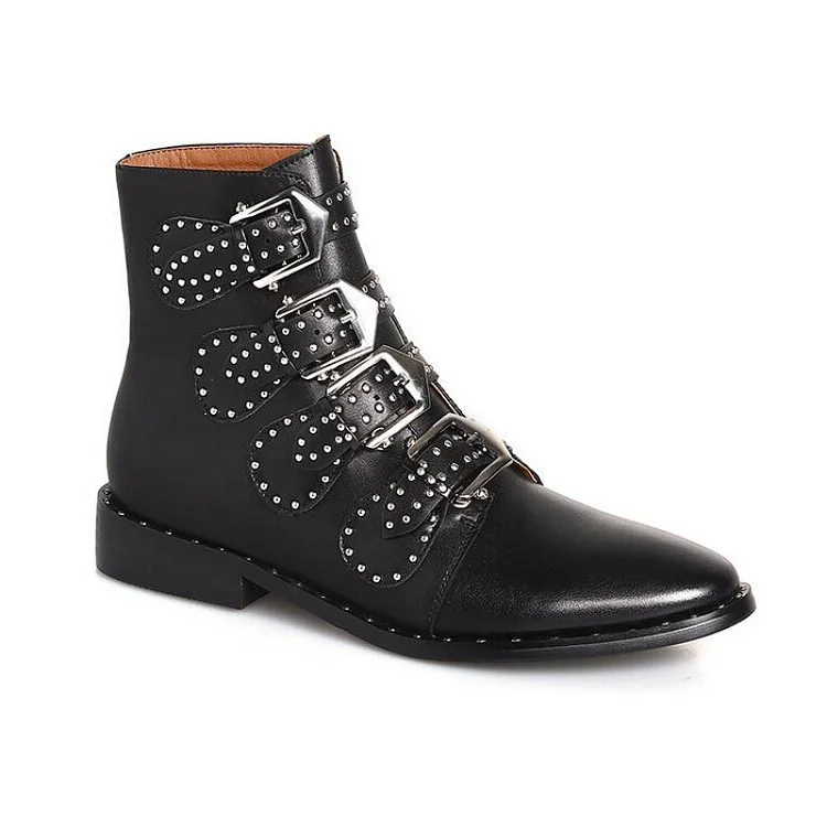 Black Cowhide Studded Buckles Round Toe Motorcycle Boots  Stunahome.com