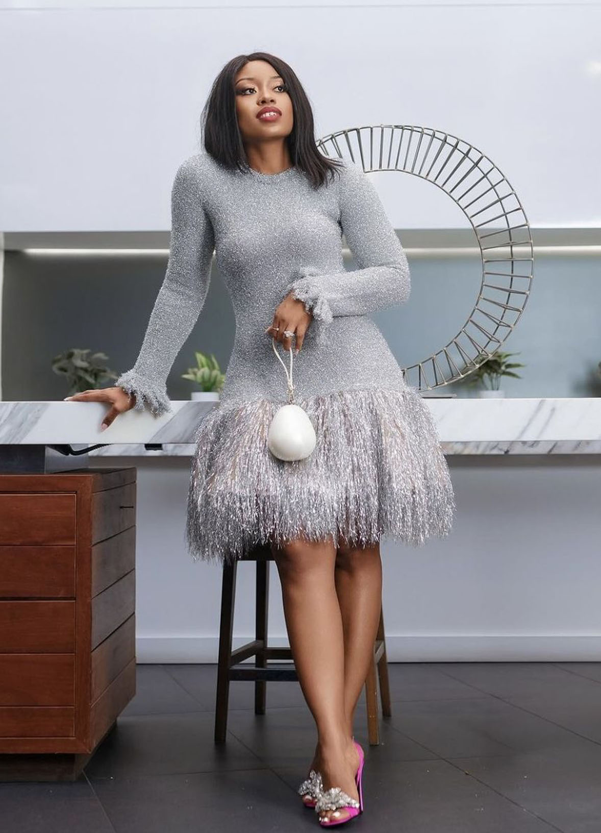 Plus Size Party Elegant Silver Round Neck Long Sleeve Strappy Knitted Mini Dress-1120