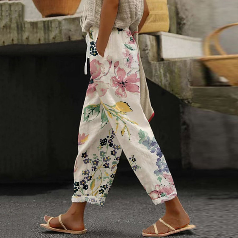 Comstylish Retro Casual Floral Print Pocket Trousers