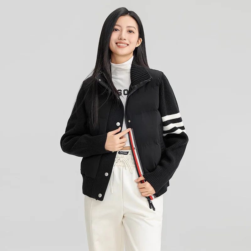 Toloer Knitting Splicing Light Down Jacket Female 2024 Winter Fashion Contrast Color Stripe Vertical Collar Casual White Duck Down Coat-Outfit Ideas