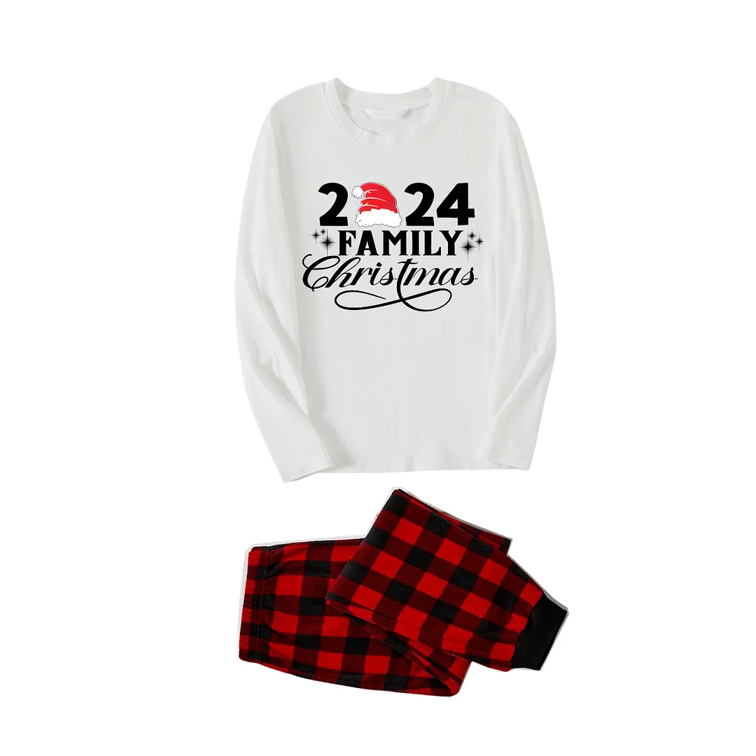"Family Christmas 2024" and Santa Hat Printed Red & Black Plaid Family Matching Pajamas