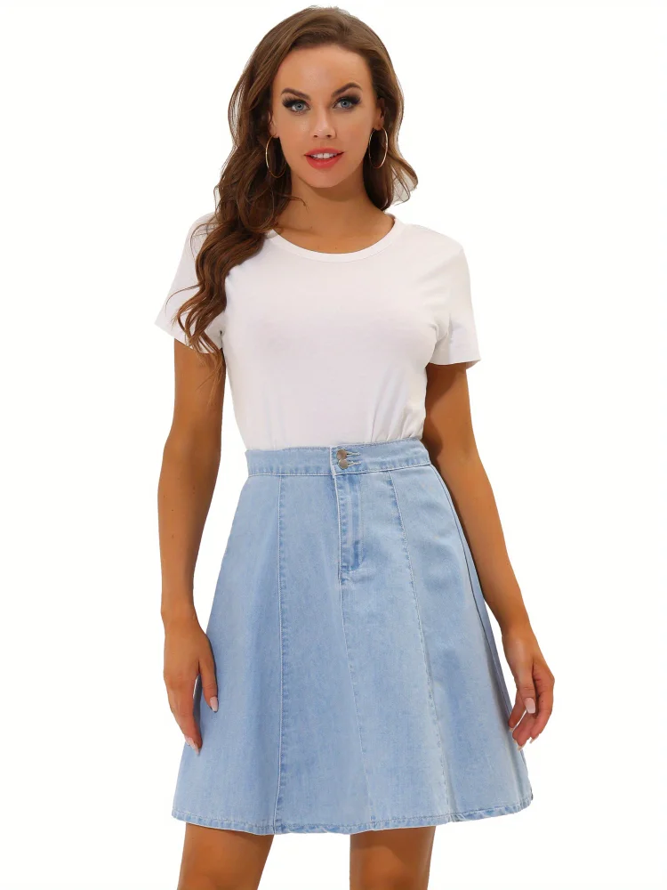 Light Blue High Waisted A-Line Denim Skirt | Women's Flared Casual Washed Jean Skirt With Button And Zipper Closure, Machine Washable, Perfect For Spring/Summer, Daily Wear Fashion
