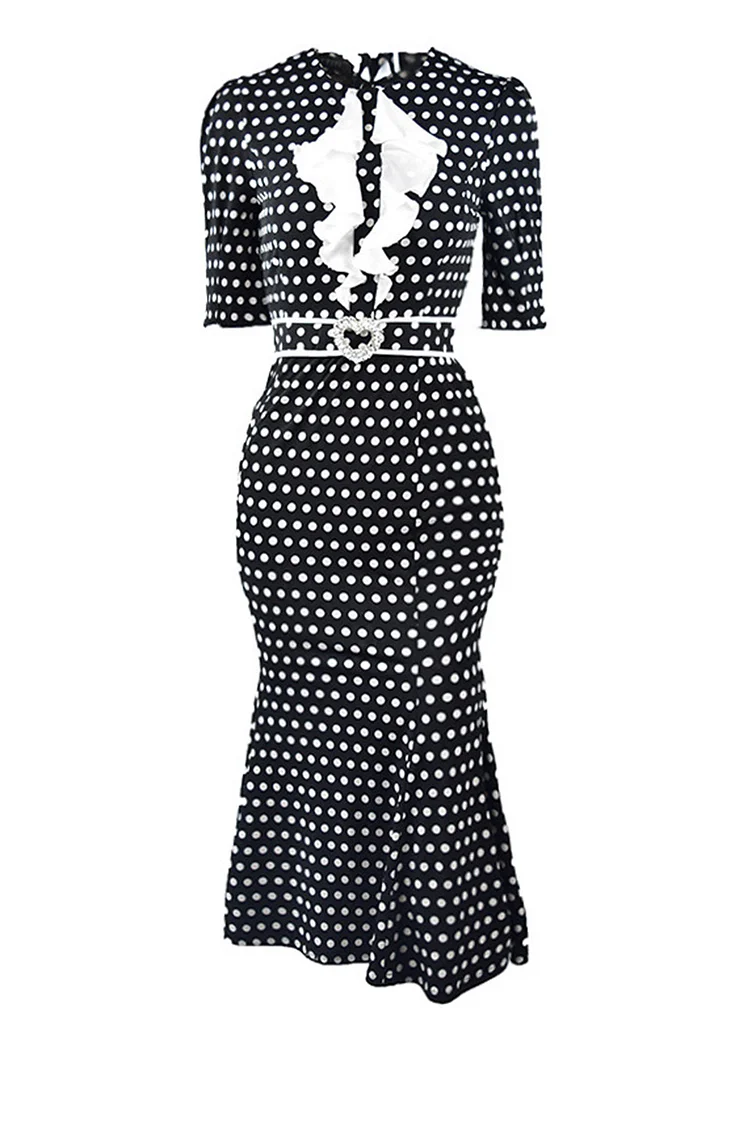 1950s Black Formal Polka Dot Ruffle Chiffon Fishtail Midi Dress (With Belt) [Pre-Order]