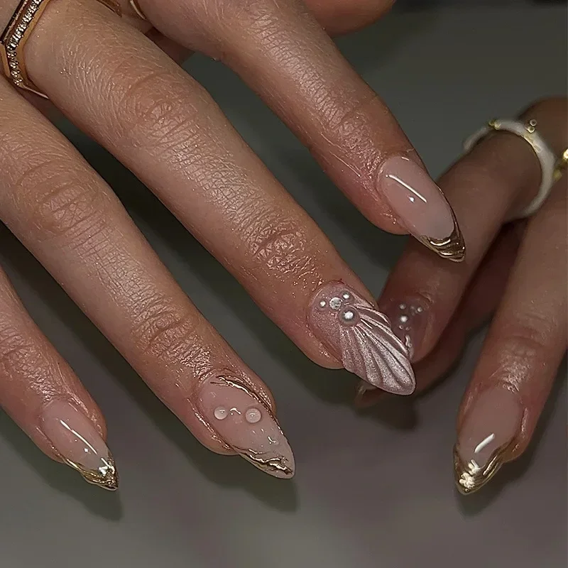 Qinice 24Pcs Sweet Short Almond French False Nails with Glue 3D Wave Nail Pattern Floral Pink Blush Press on Acrylic Nail Manicure Tips