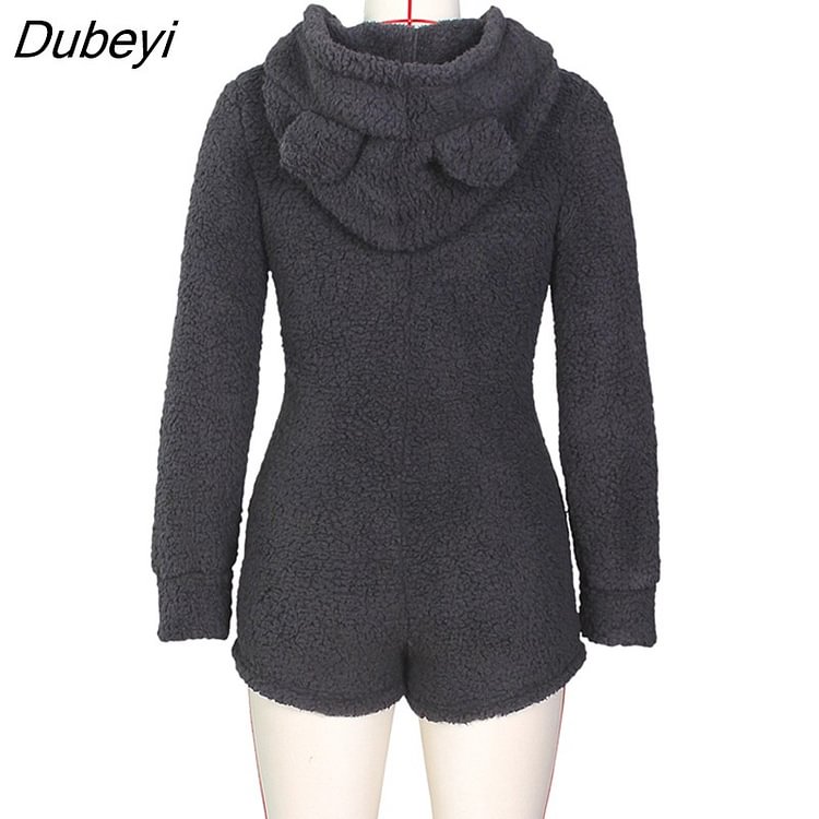 Dubeyi Women Sexy Plush Jumpsuits Long Sleeves Zip Pockets Autum Casual Furry Cute Hooded Playsuit One Piece Warm Romper Outdoor Wear