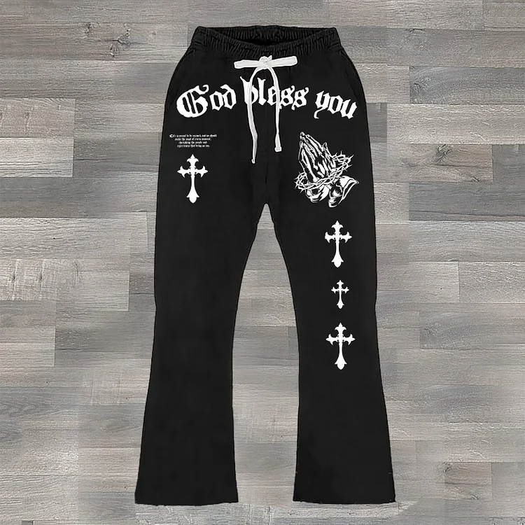 Fashionable “God Bless You” Cross Print Flared Sweatpants
