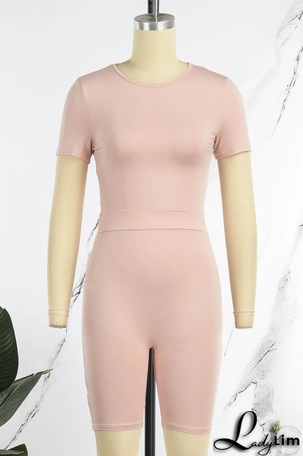 Pink Casual Solid Basic O Neck Short Sleeve Two Pieces
