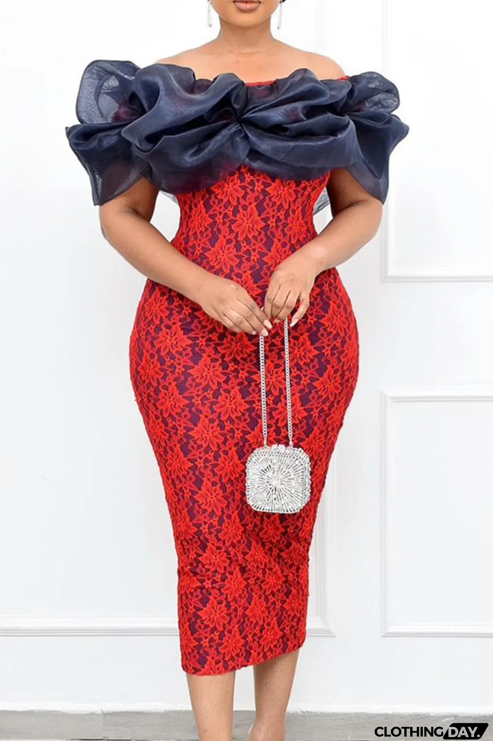 Blue Fashion Patchwork Backless Slit Off the Shoulder Evening Dress Dresses