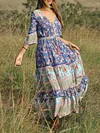 Floral Printed Puff Sleeves Pleated Maxi Dresses
